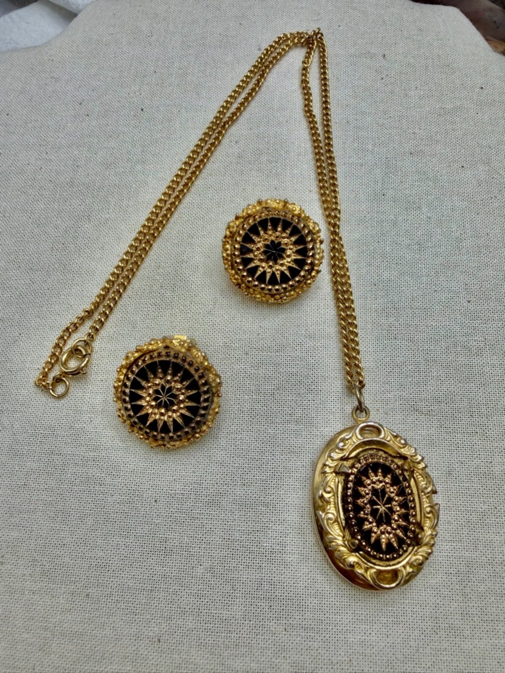 Vintage German Art Glass Locket and Clip Earrings